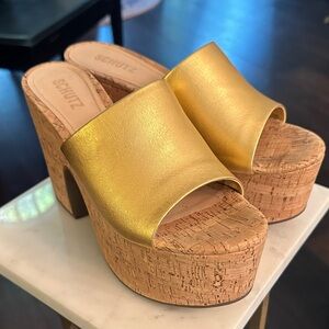 SCHUTZ Gold Cork Platform Mules